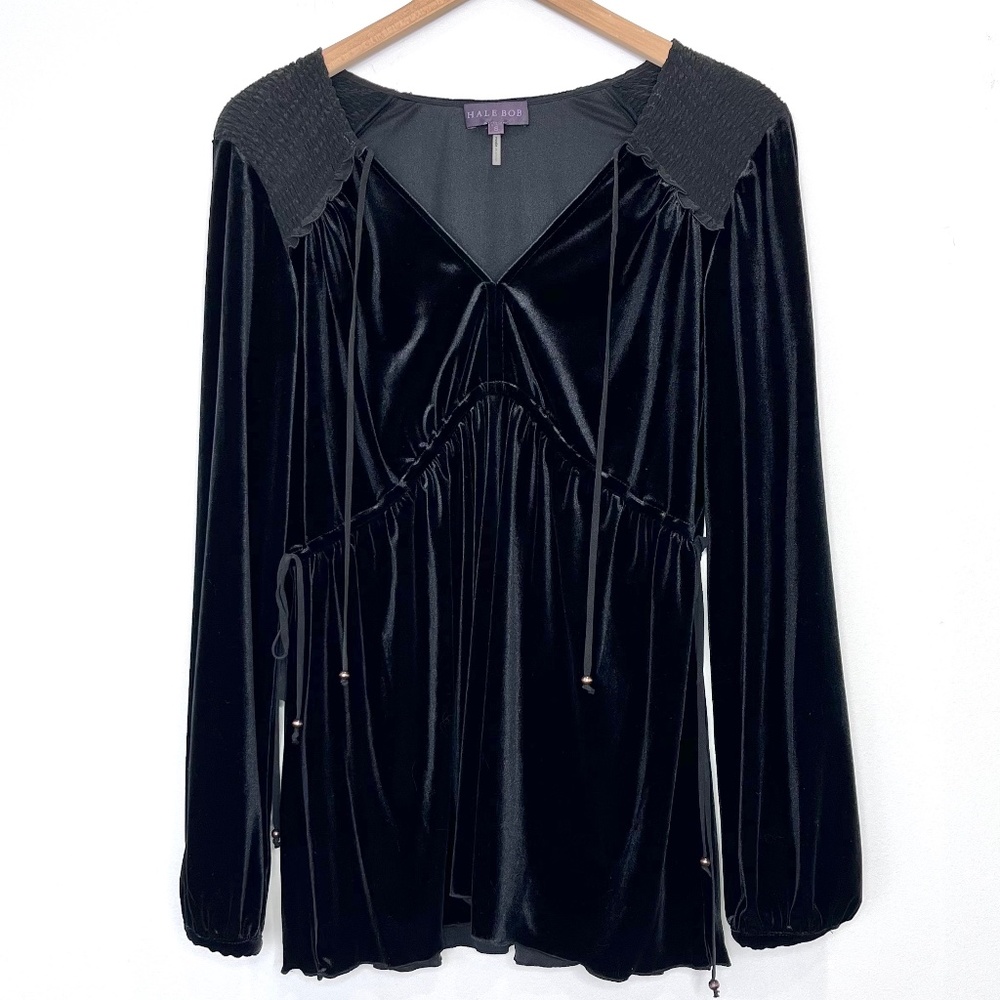 Hale Bob Silk & Black Velvet Tie Neck Long Sleeve Peasant Blouse Size Small